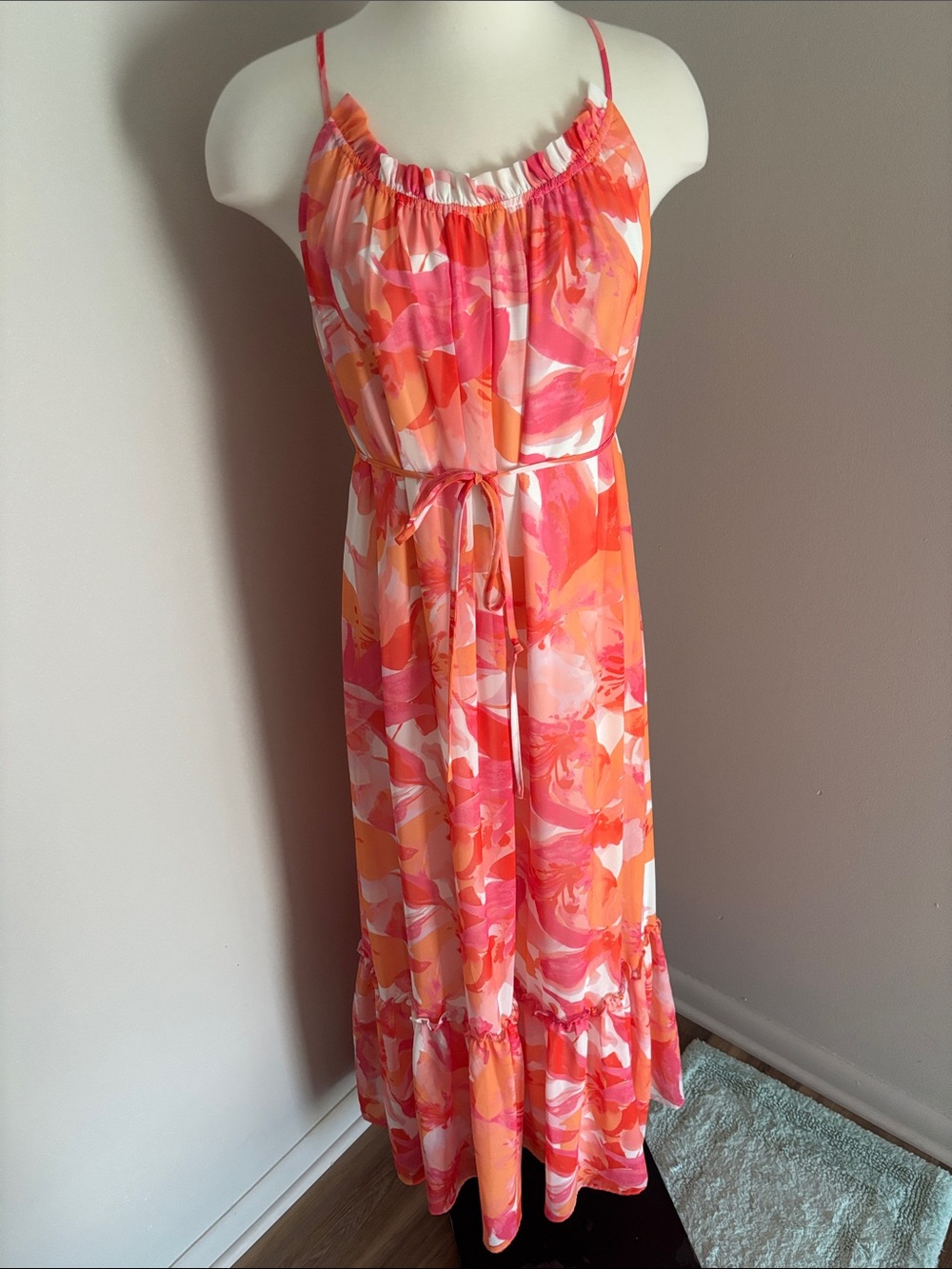 Pink & Orange Floral Maxi Dress with Tie Waist